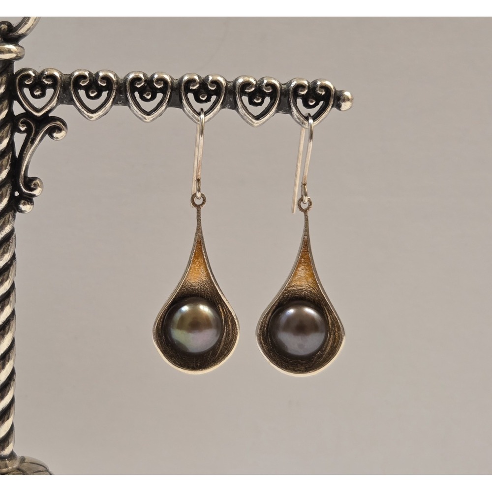 Vintage Tahitian Pearl Sterling Silver Pod Drop Italian Royal Chain RCI Earrings
